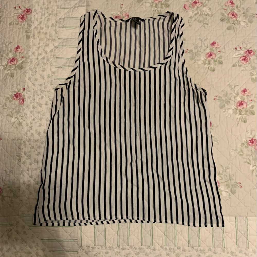 Vertical navy and white tank blouse.